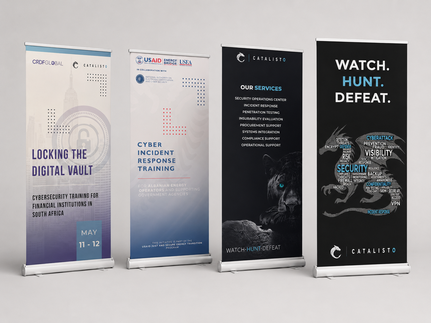 Catalisto cybersecurity training, services and event banner applications.