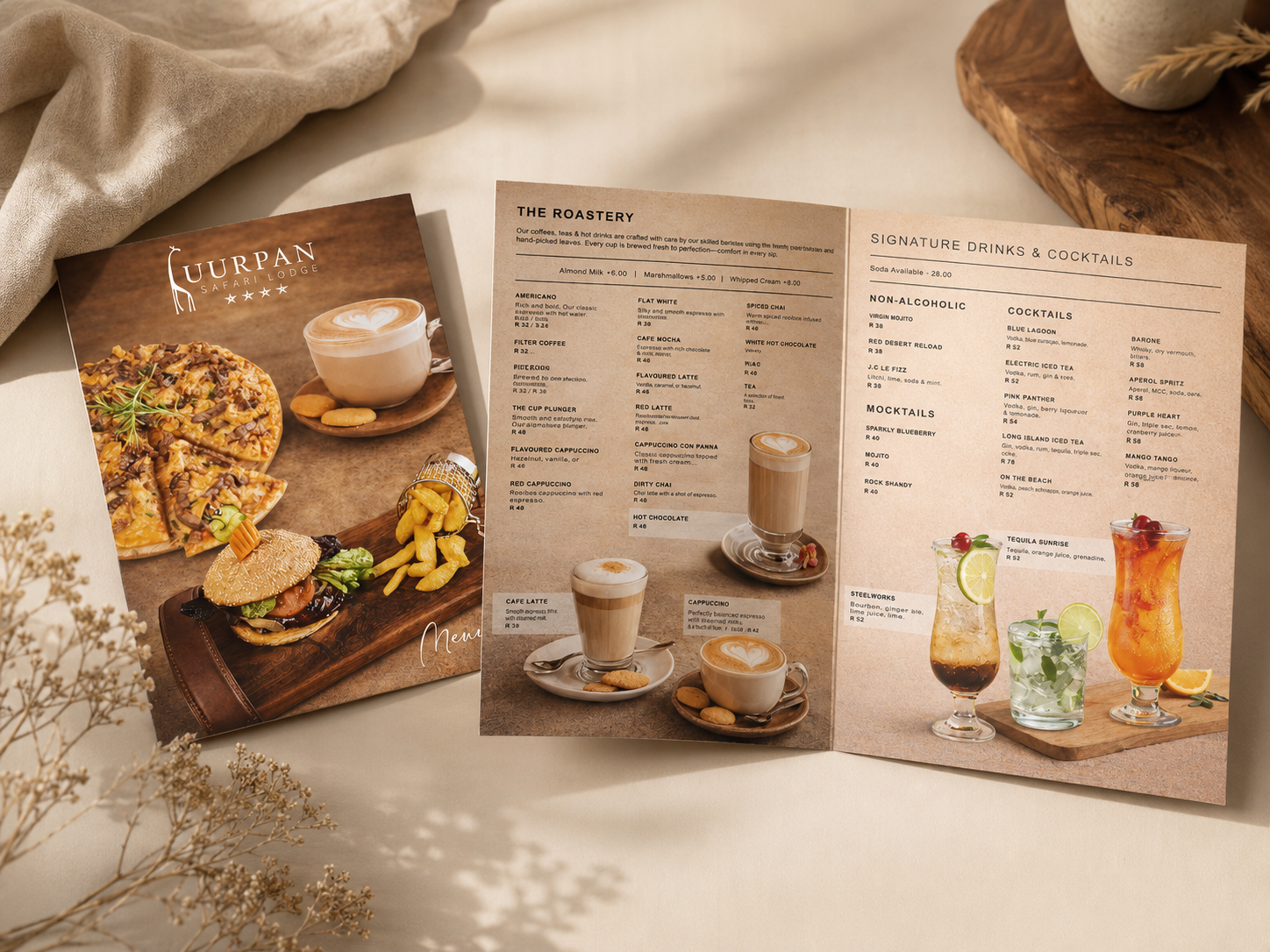 Uurpan Safari Lodge food, coffee and drinks menu shown as a cover and open editorial spread.