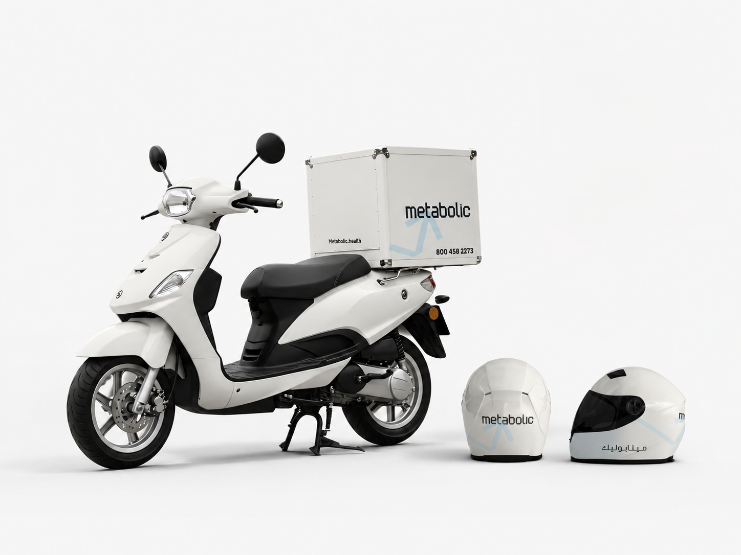 White Metabolic healthcare delivery scooter with a branded transport box and two branded helmets.