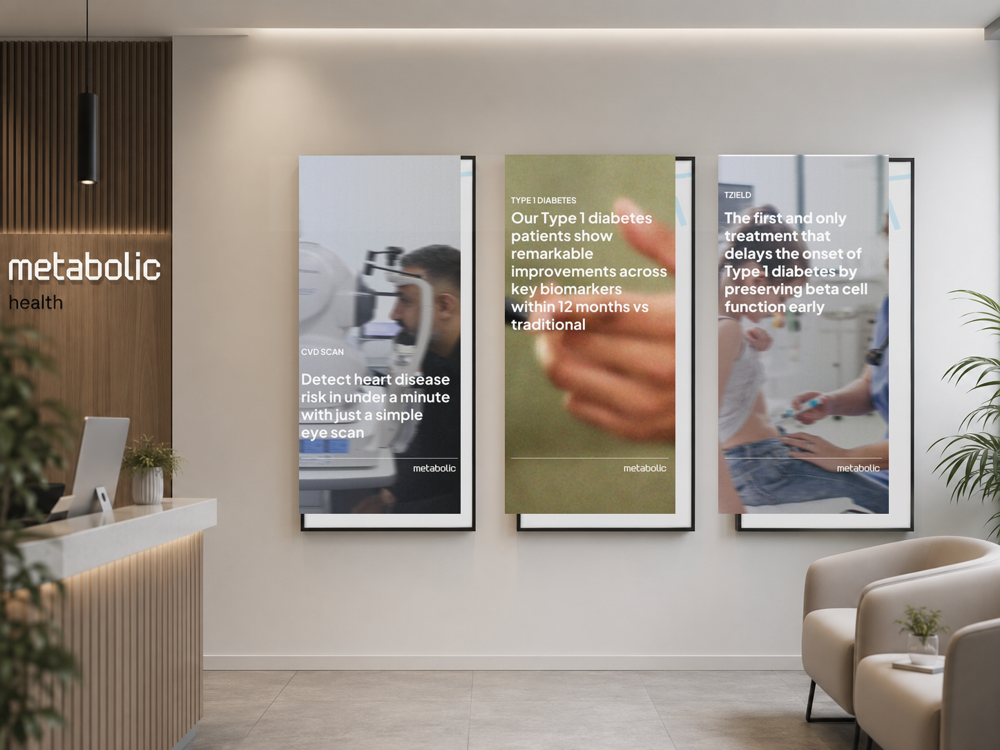 Three Metabolic digital healthcare information screens displayed inside a modern clinic reception.