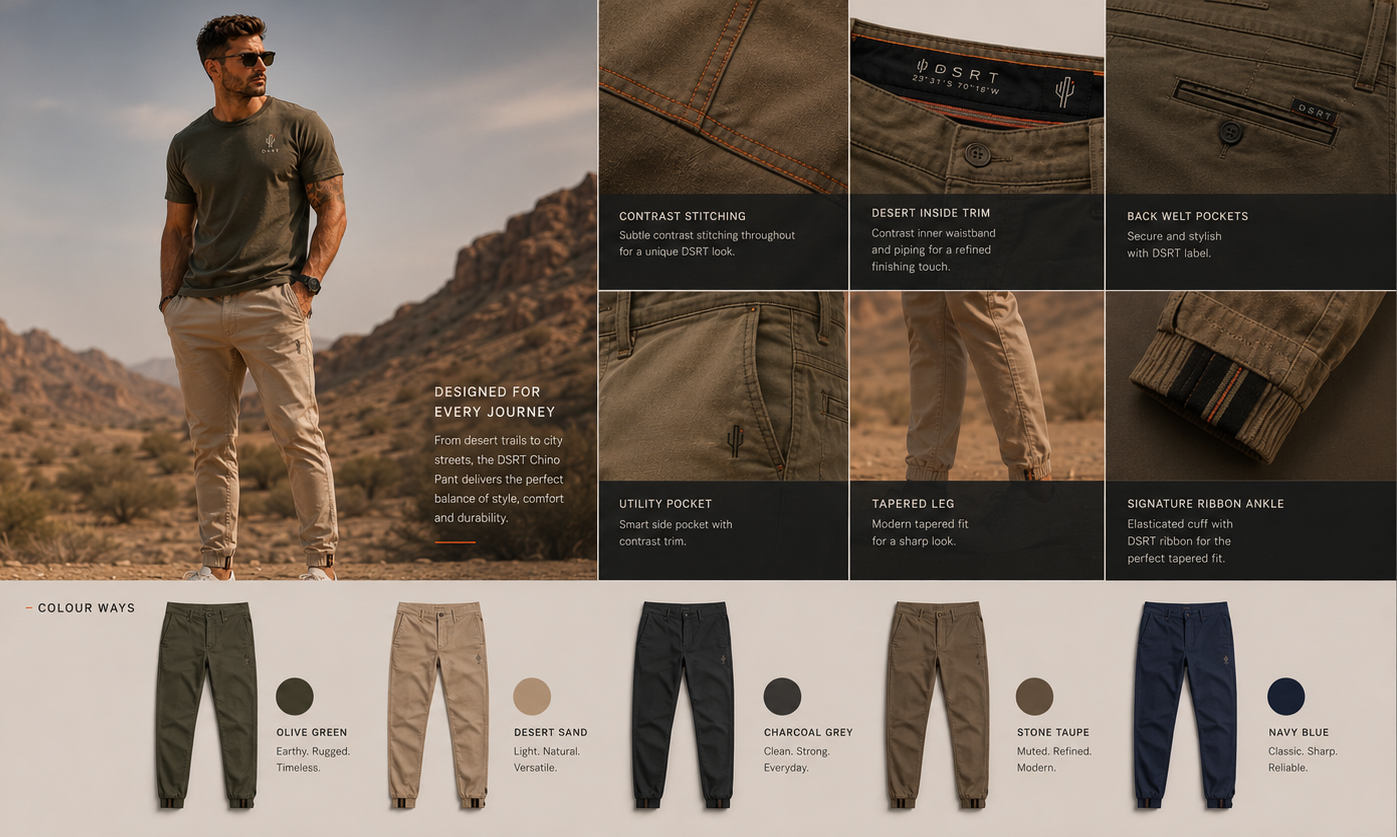 DSRT chino concept showing the garment, functional construction details and five desert-inspired colourways.