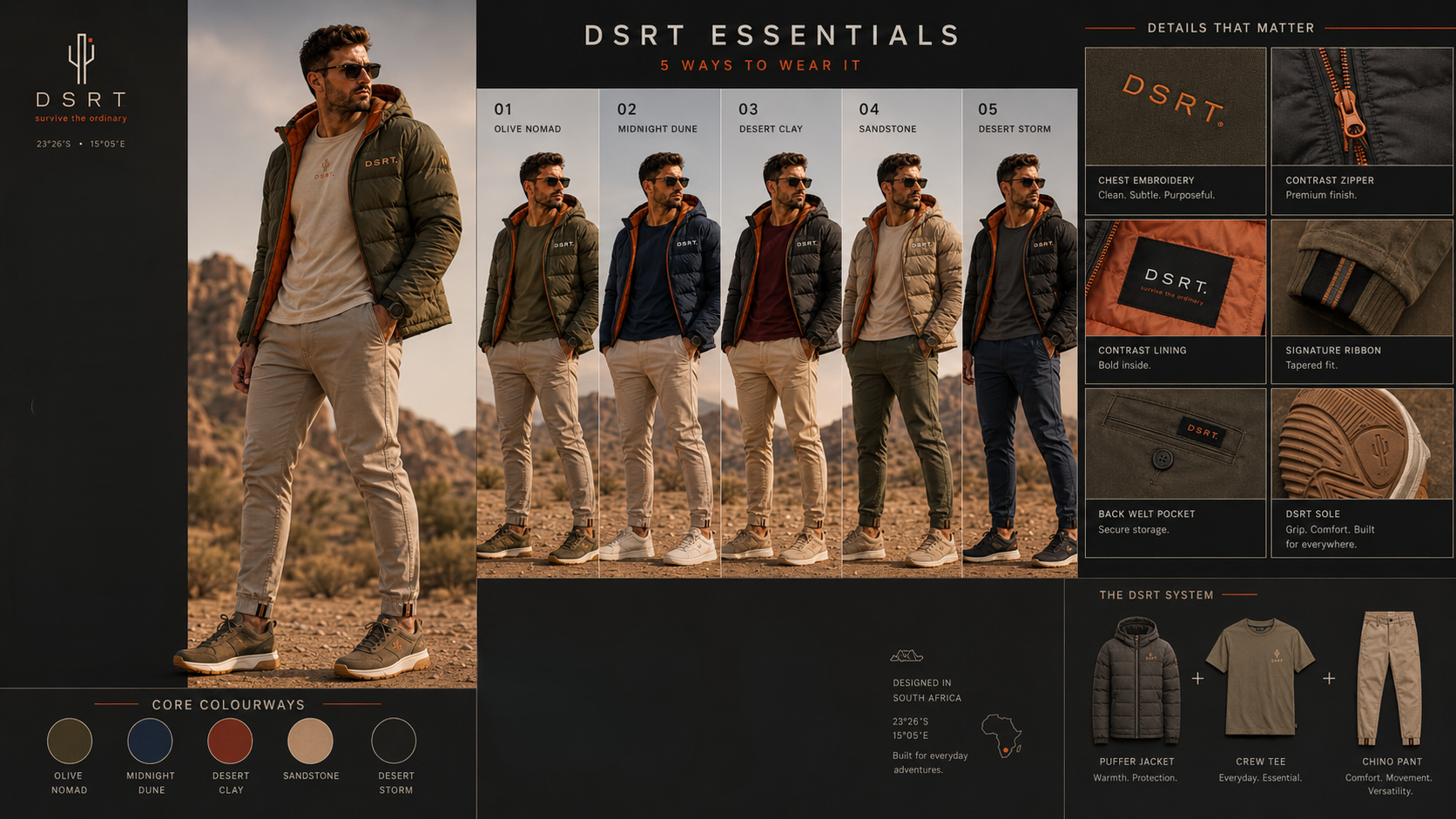 DSRT brand and product-development board showing desert inspiration, colour direction, materials, technical development and campaign application.
