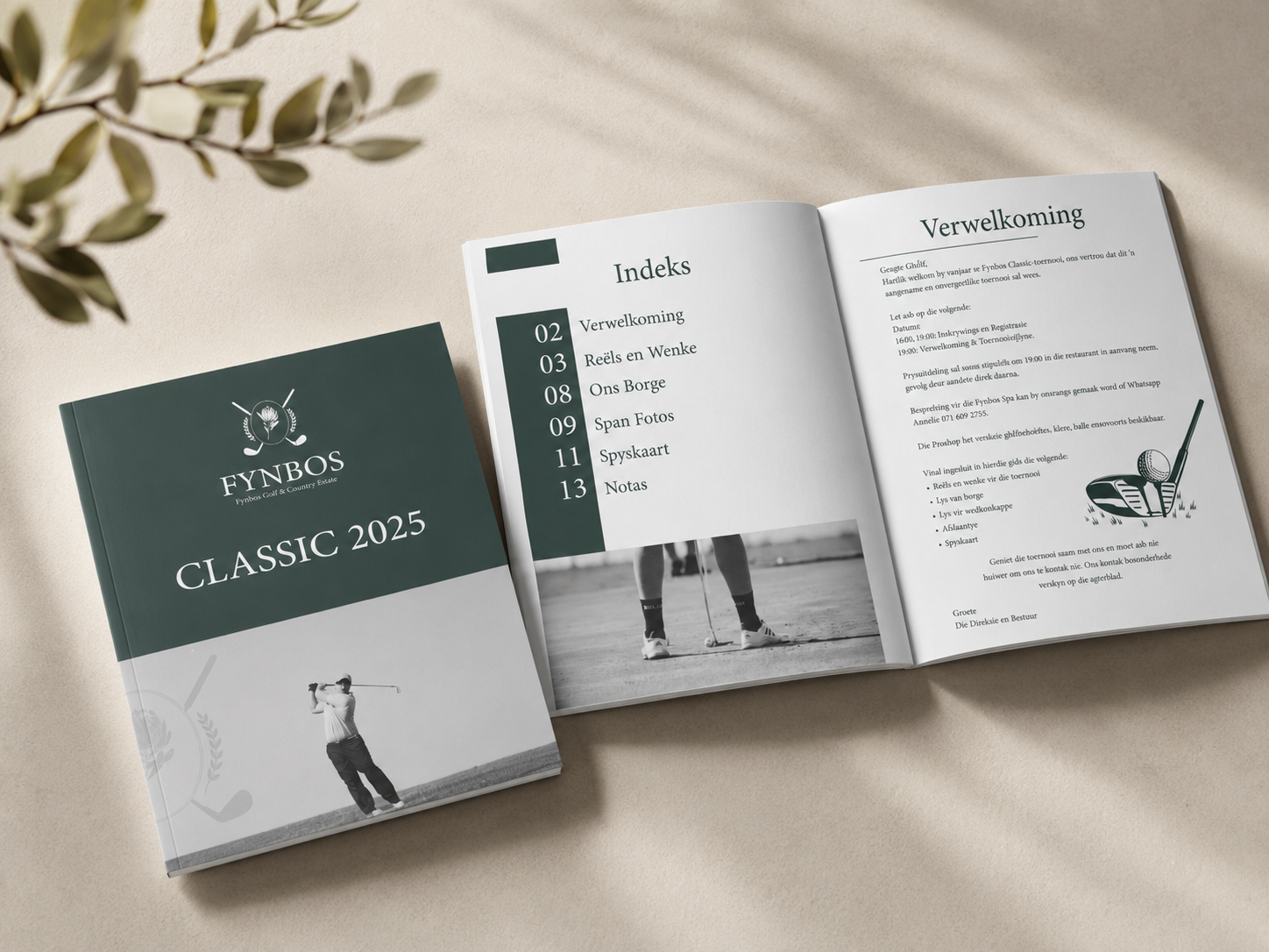 Fynbos Classic 2025 tournament booklet mockup showing the cover and an open internal spread.