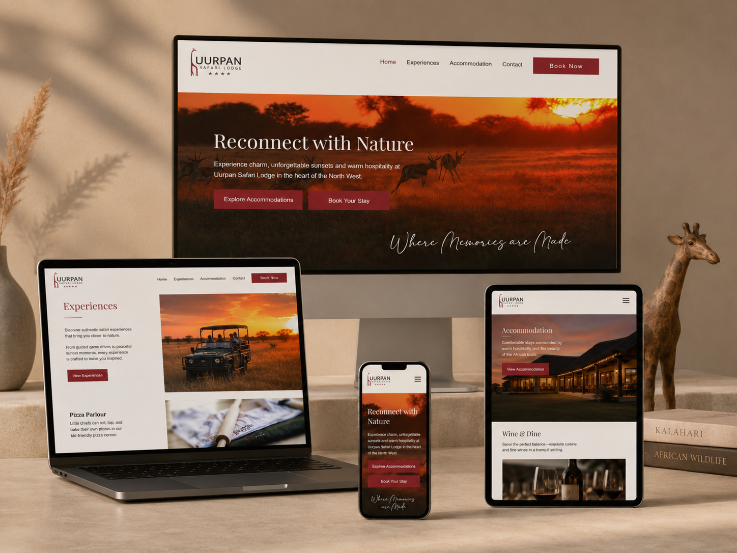Uurpan Safari Lodge responsive website shown across desktop, laptop, tablet and mobile devices.