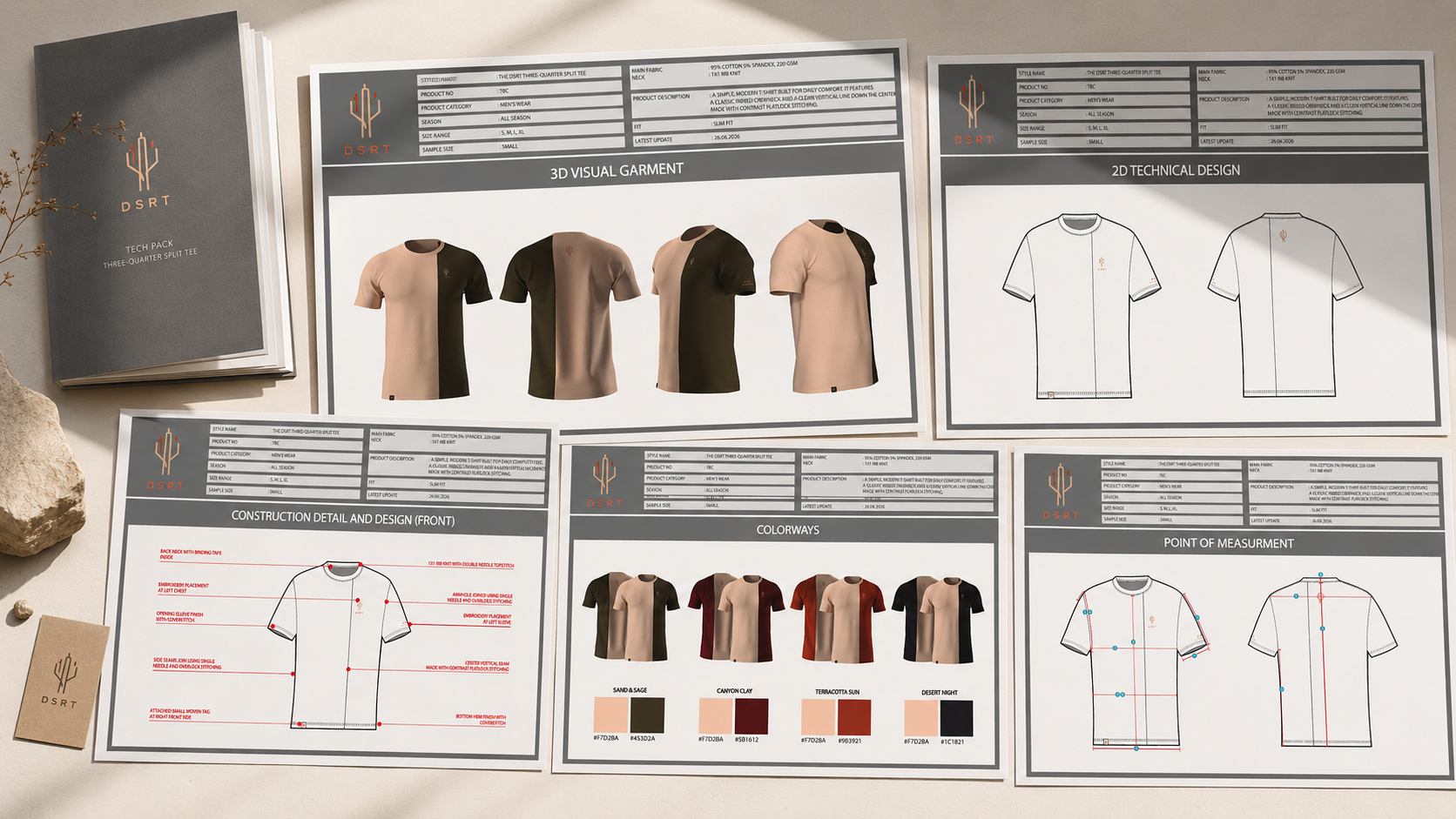 Technical pack for the DSRT three-quarter split tee showing garment visualisation, technical drawings, construction, colourways and measurement guidance.