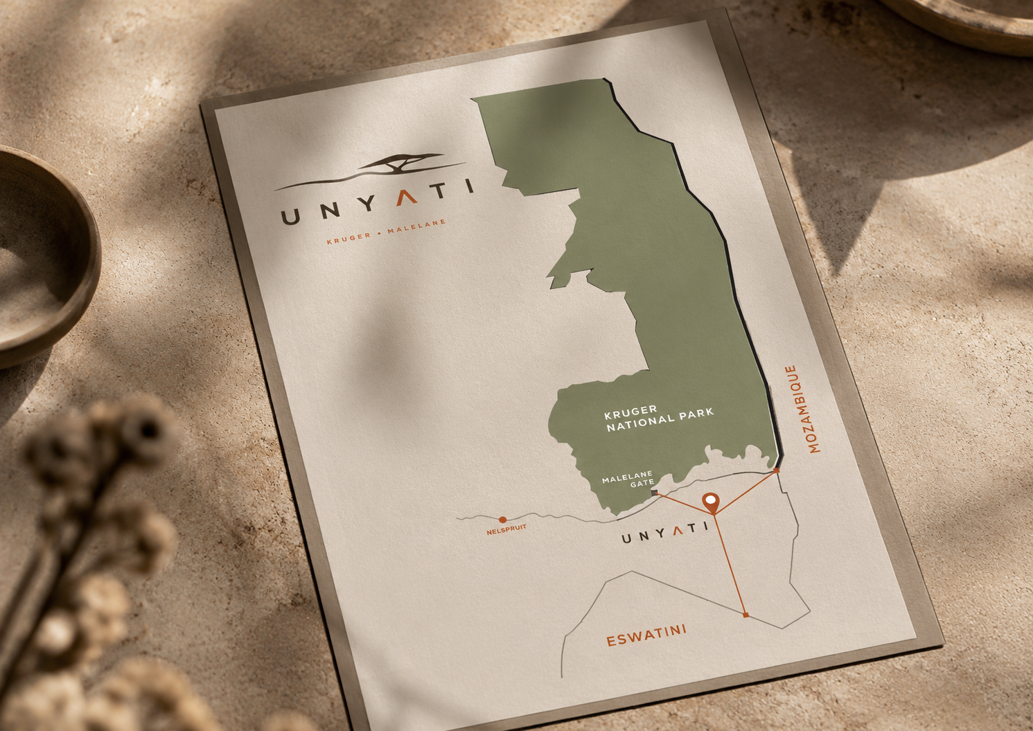 Map showing Unyati Safari Lodge near Malelane Gate, Kruger National Park, Mozambique, Eswatini and Nelspruit.
