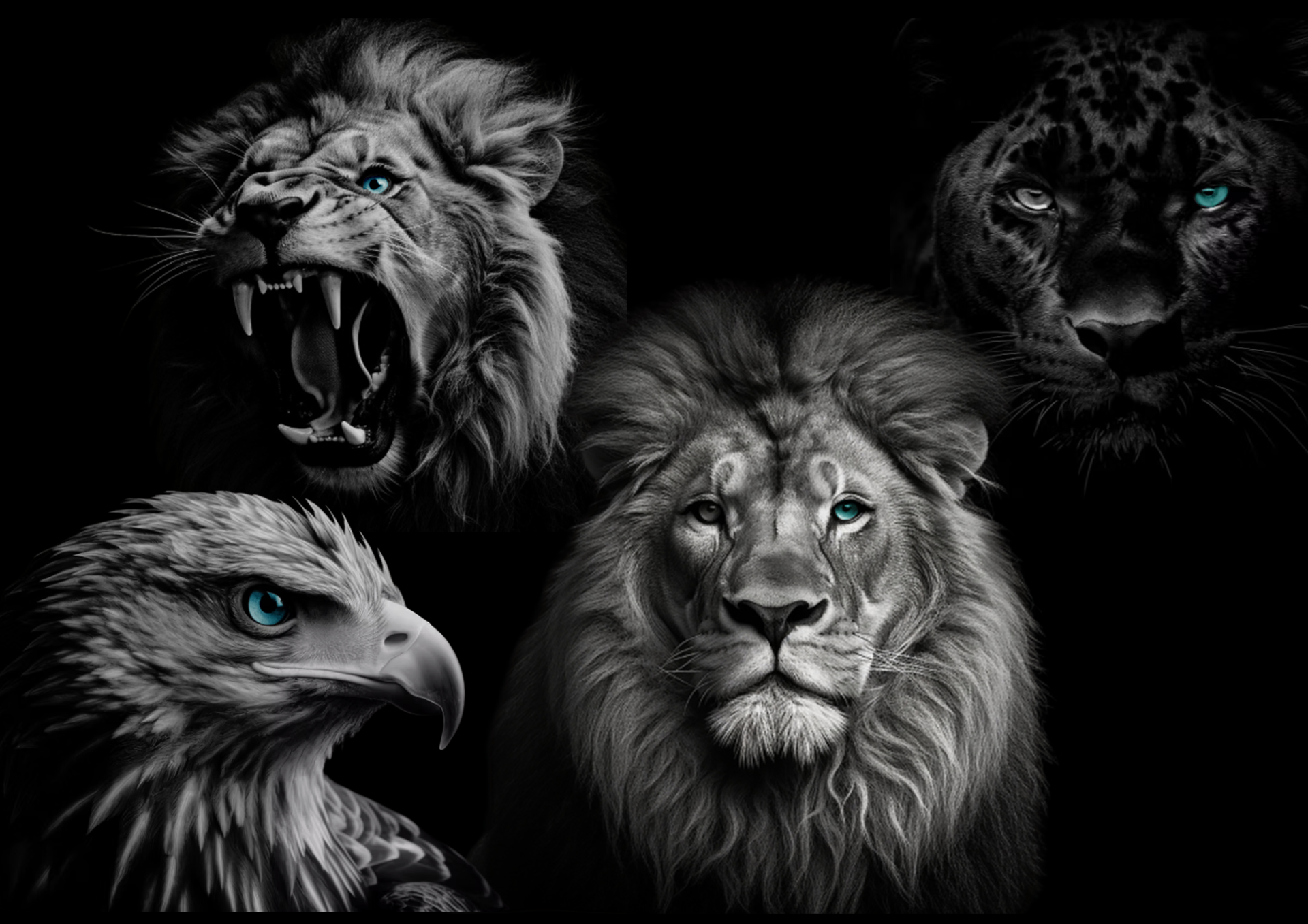Black-and-white predator imagery with distinctive Catalisto-blue eyes.