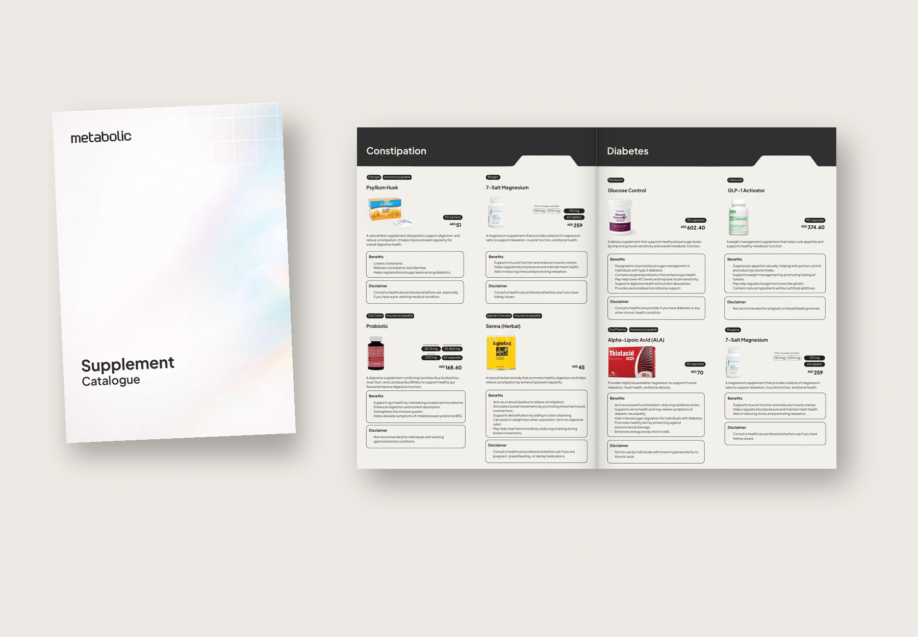 Metabolic Supplement Catalogue mockup showing the cover and an open product spread.
