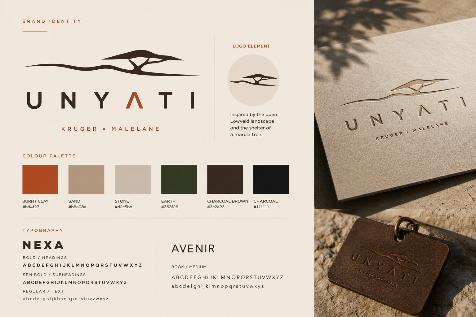 Unyati logo system, colour palette, typography and embossed brand applications.