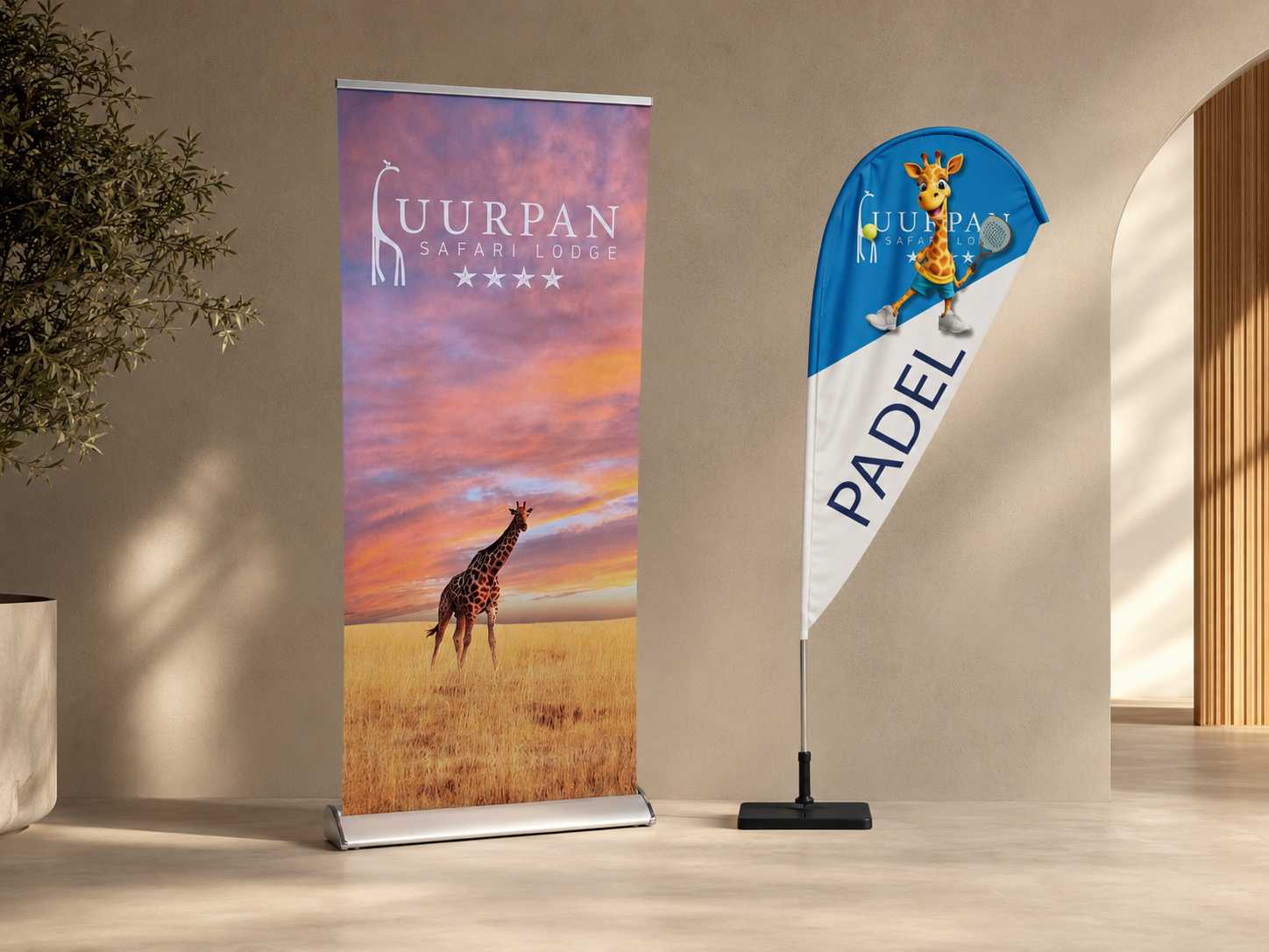 Uurpan Safari Lodge promotional pull-up banner and padel event flag.