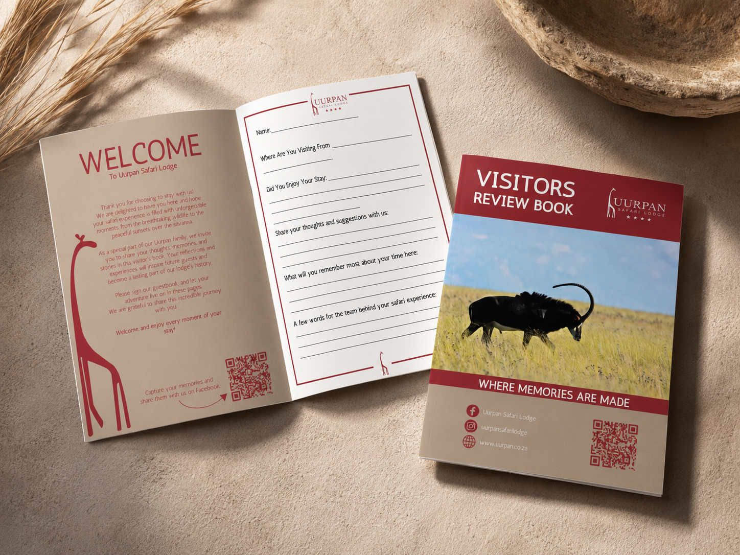Uurpan Safari Lodge visitor review booklet showing the cover, welcome page and guest feedback page.
