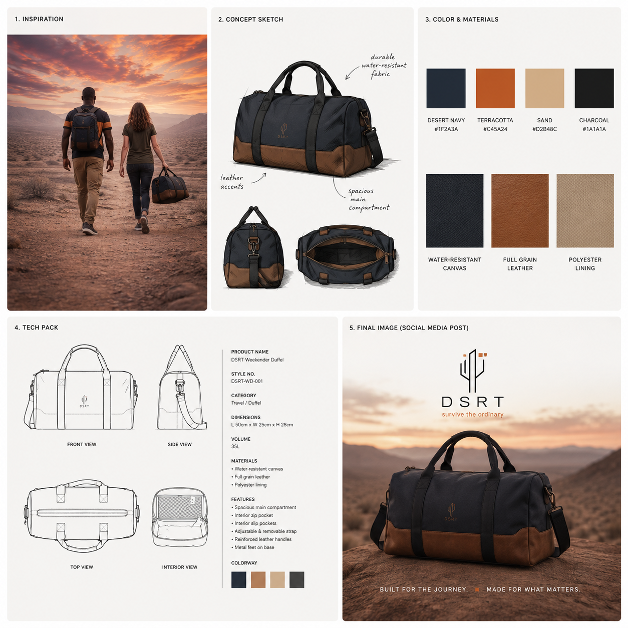 DSRT weekender bag concept developed from desert inspiration through sketching, materials, technical specification and social media application.