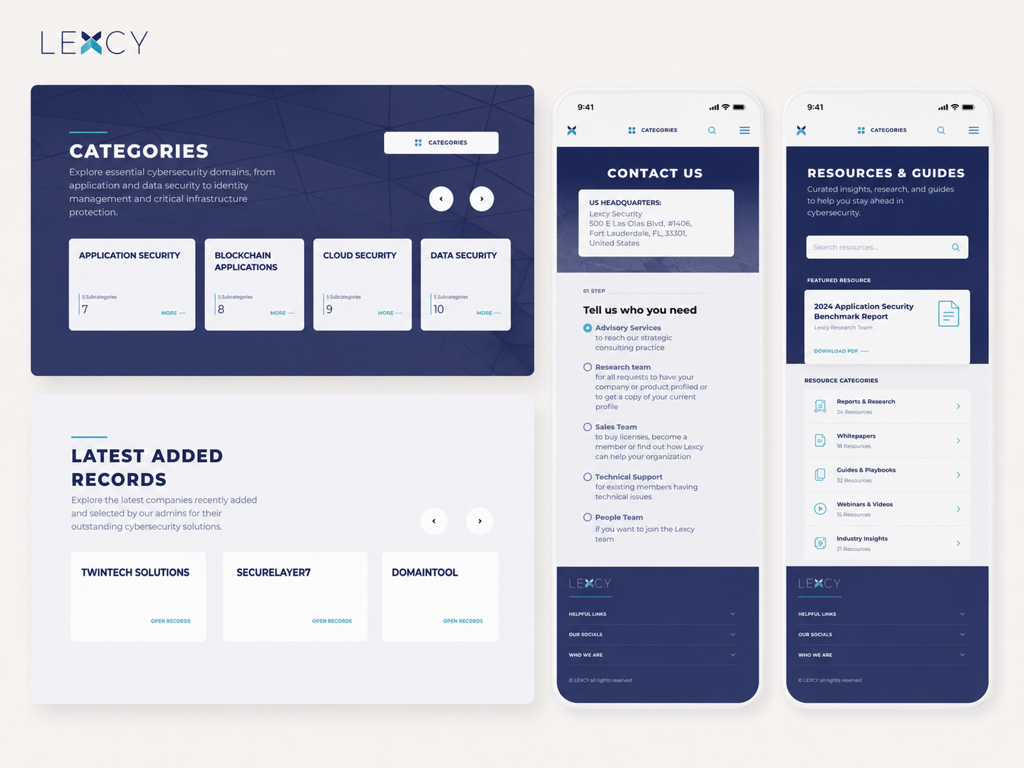 Lexcy category and record components shown alongside mobile Contact Us and Resources and Guides interfaces.
