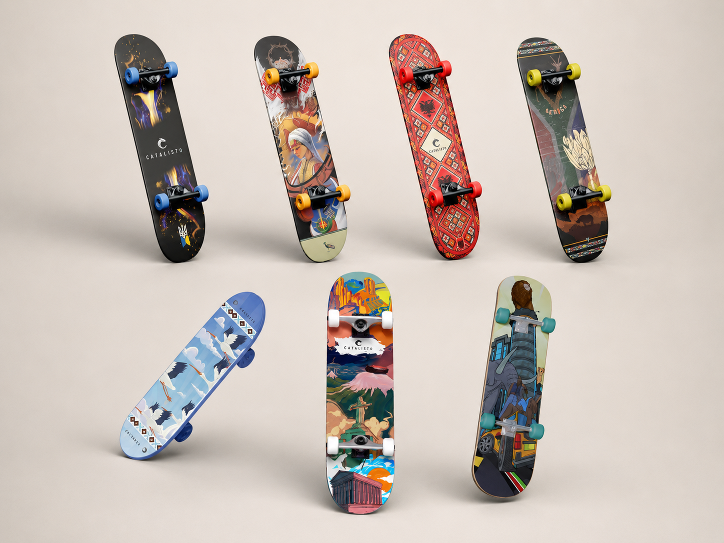 Seven culturally inspired Catalisto skateboard designs.