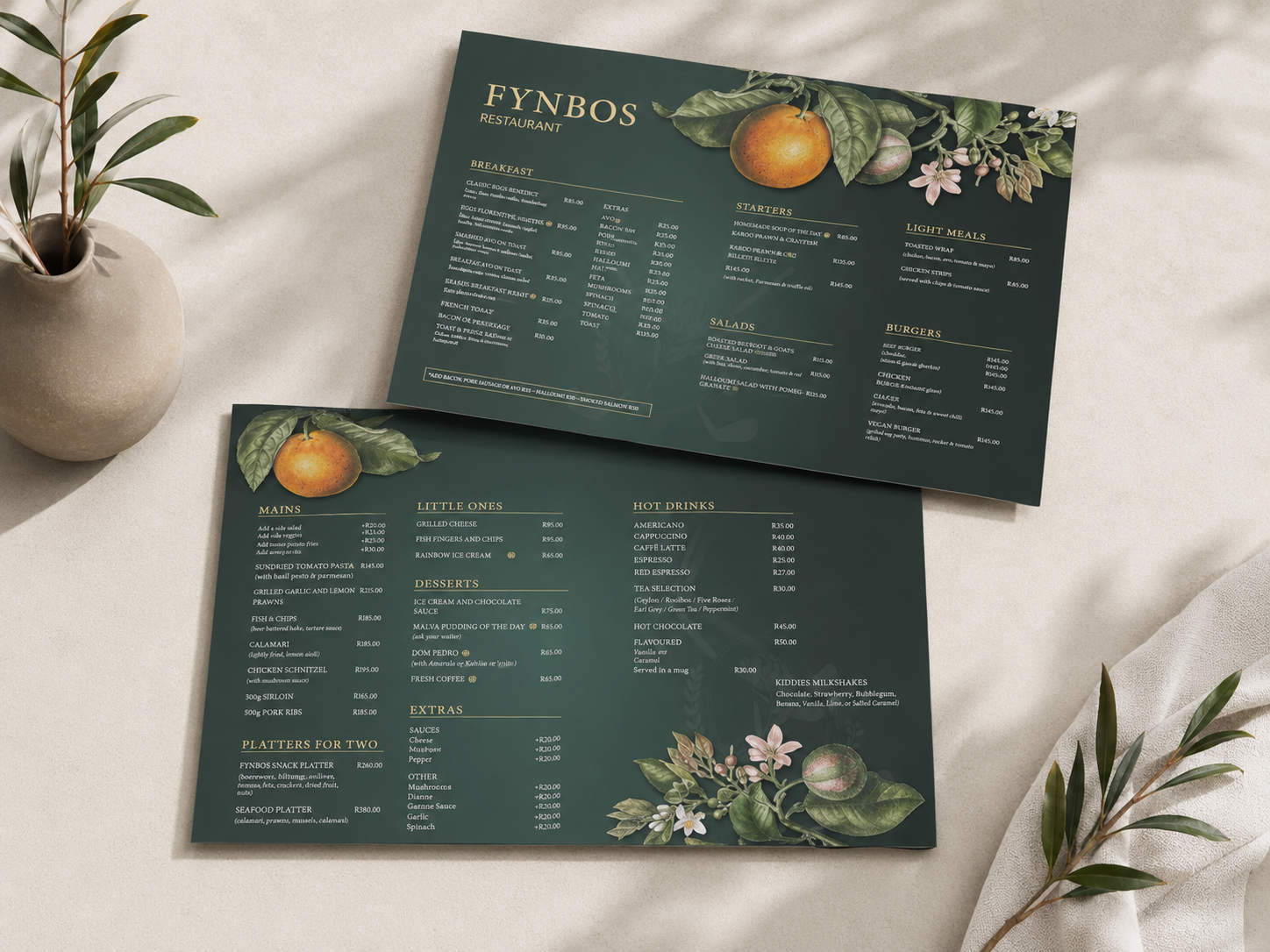 Fynbos Restaurant menu mockup showing the complete two-page menu layout.