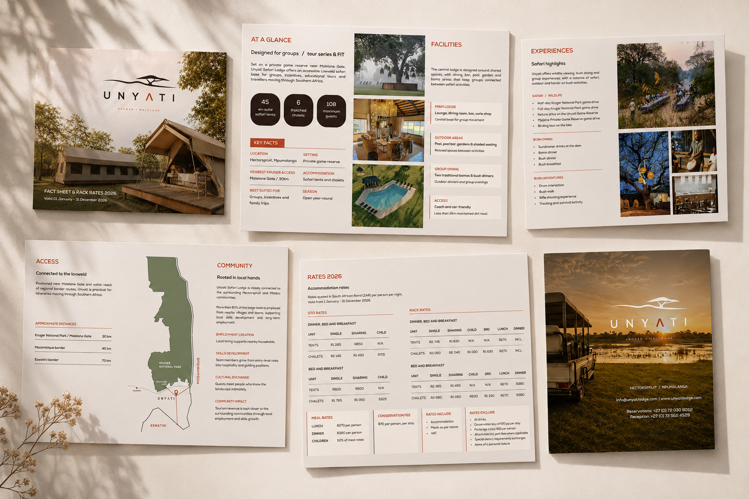 Unyati Safari Lodge fact sheet and rates document showing accommodation, facilities, experiences, location and trade information.